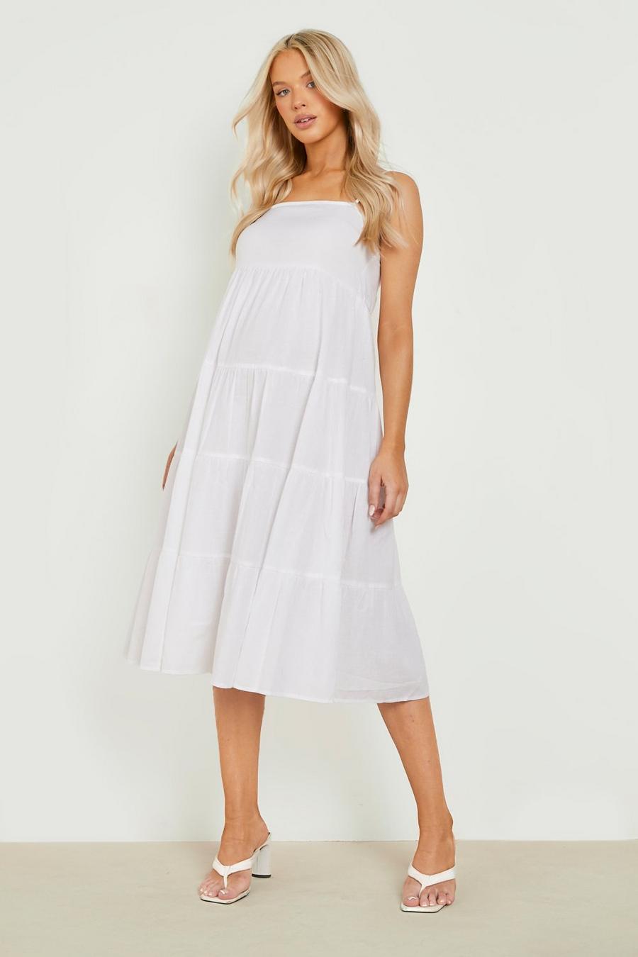 White Maternity Premium Linen Tiered Midi Dress