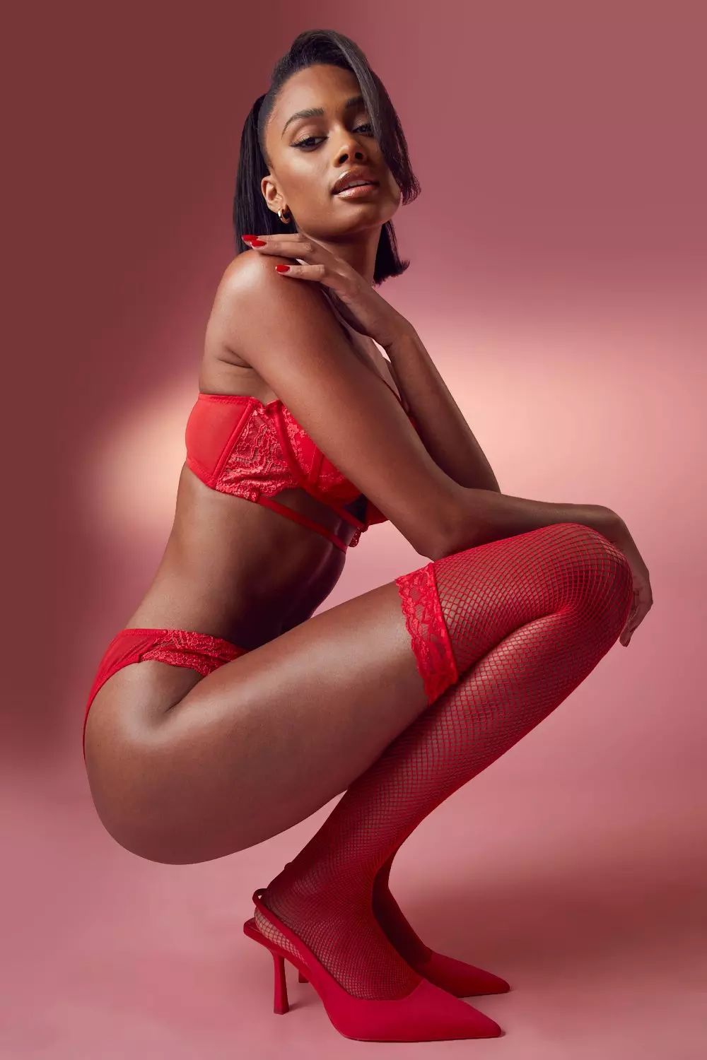 Red Lace Top Fishnet Hold Up Stockings