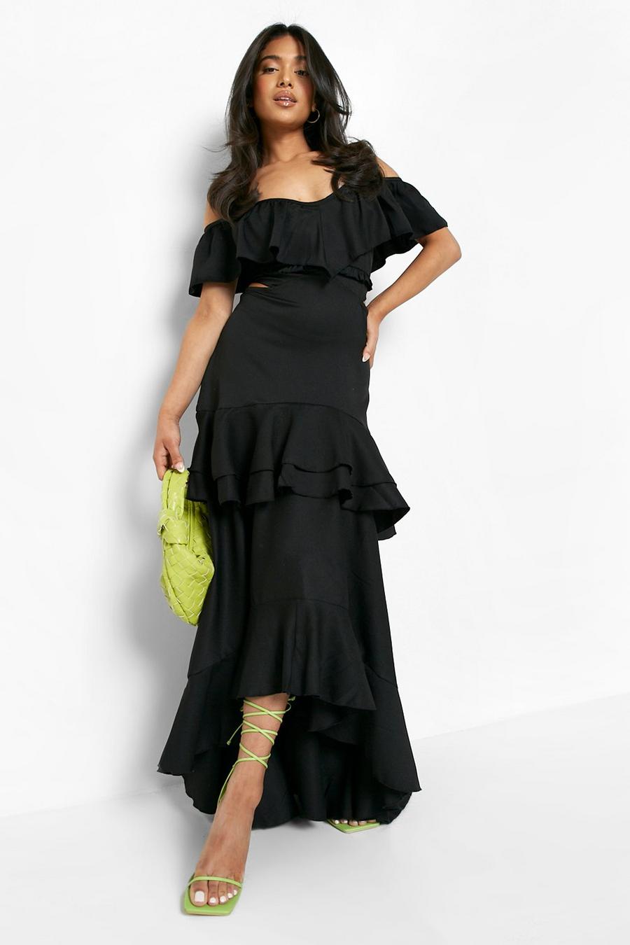 שחור black שמלת מקסי ברדו פטיט משיפון עם מלמלה