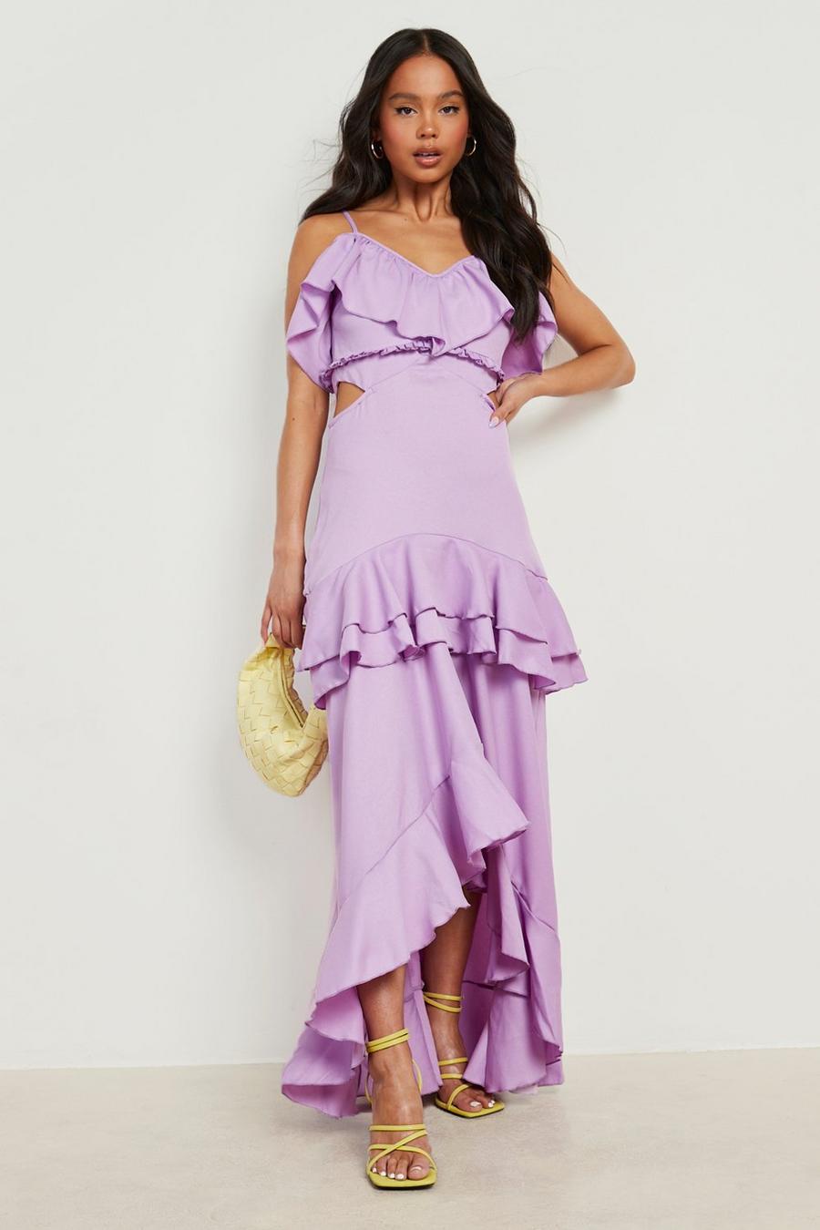 Lilac purple Petite Chiffon Ruffle Bardot Maxi Dress image number 1