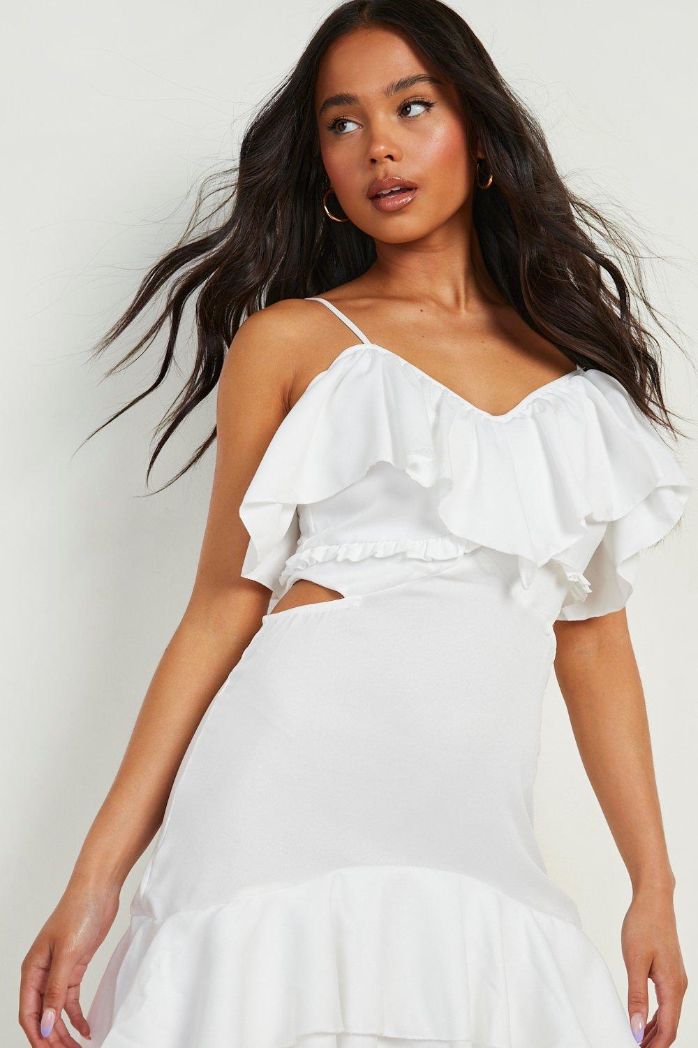 White ruffle bardot store dress