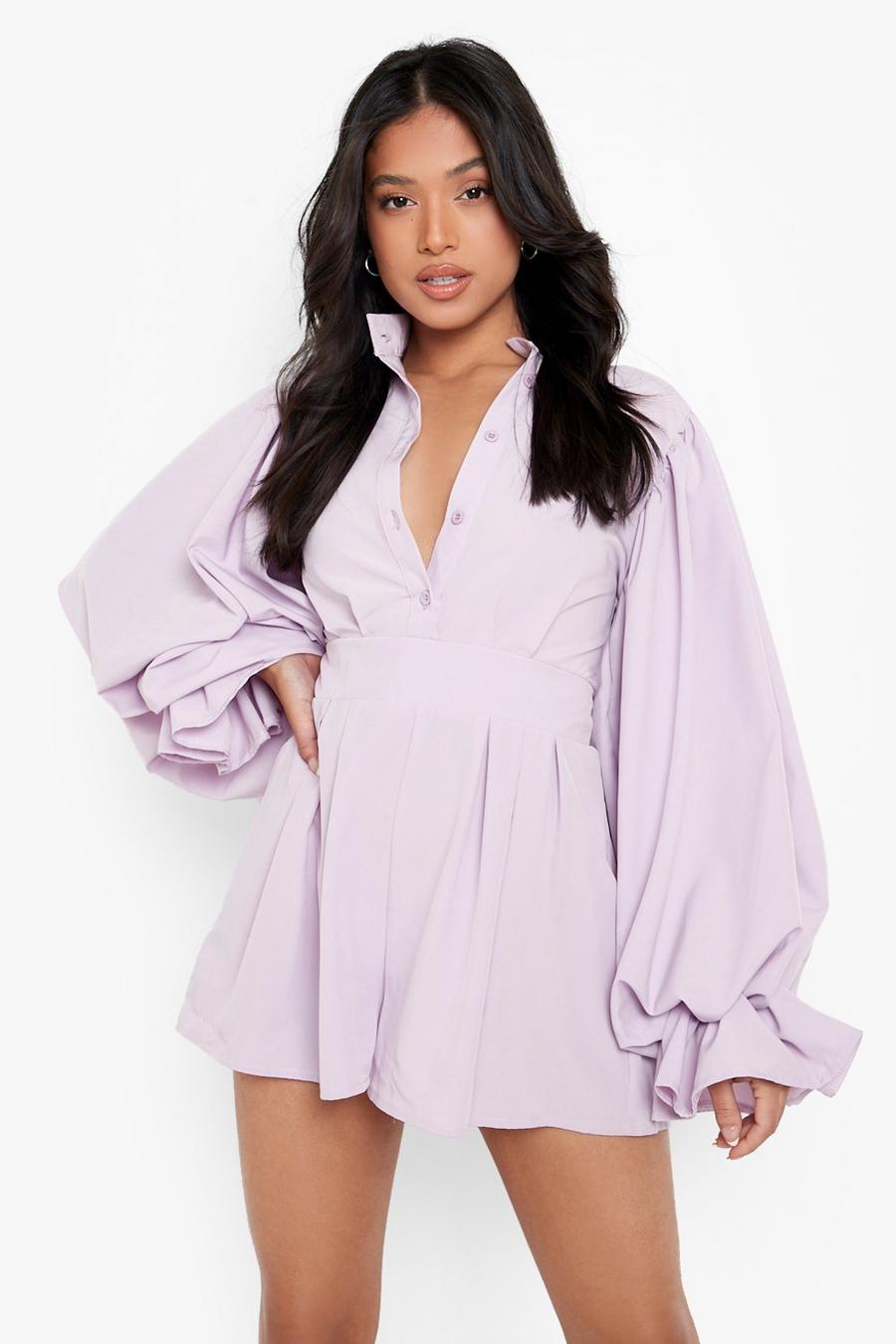 Lilac Petite Puff Sleeve Tailored Romper image number 1