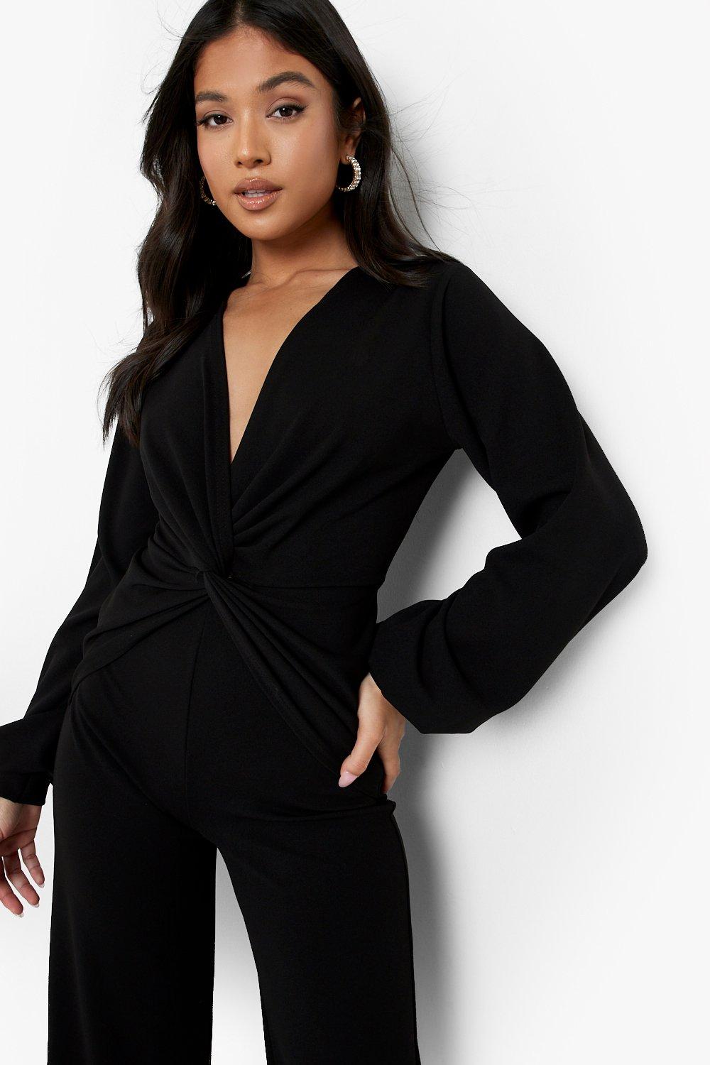 Petite Twist Front Plunge Wide Leg Jumpsuit boohoo USA