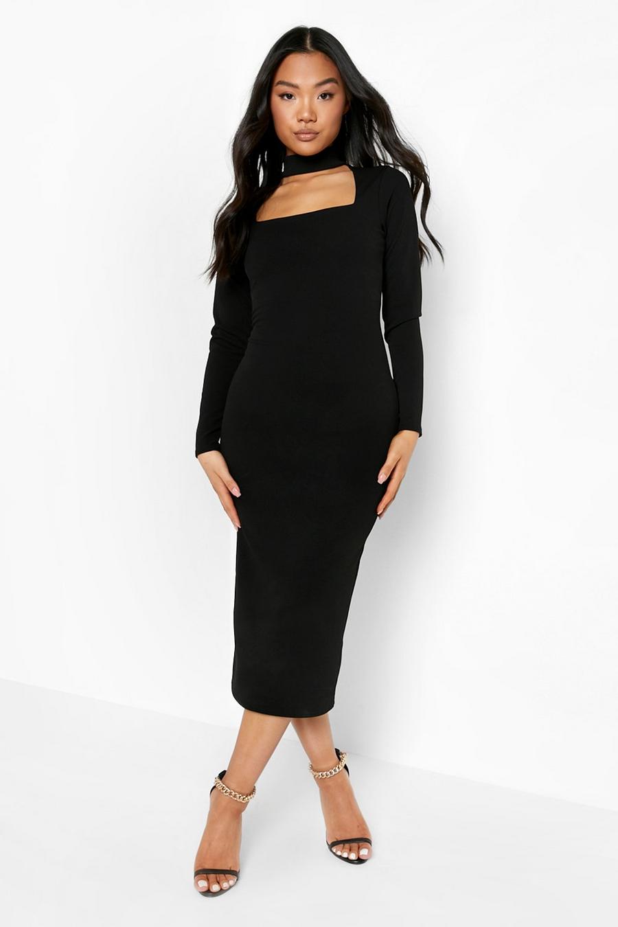 Black Petite Square Neck Cut Out Long Sleeve Dress image number 1