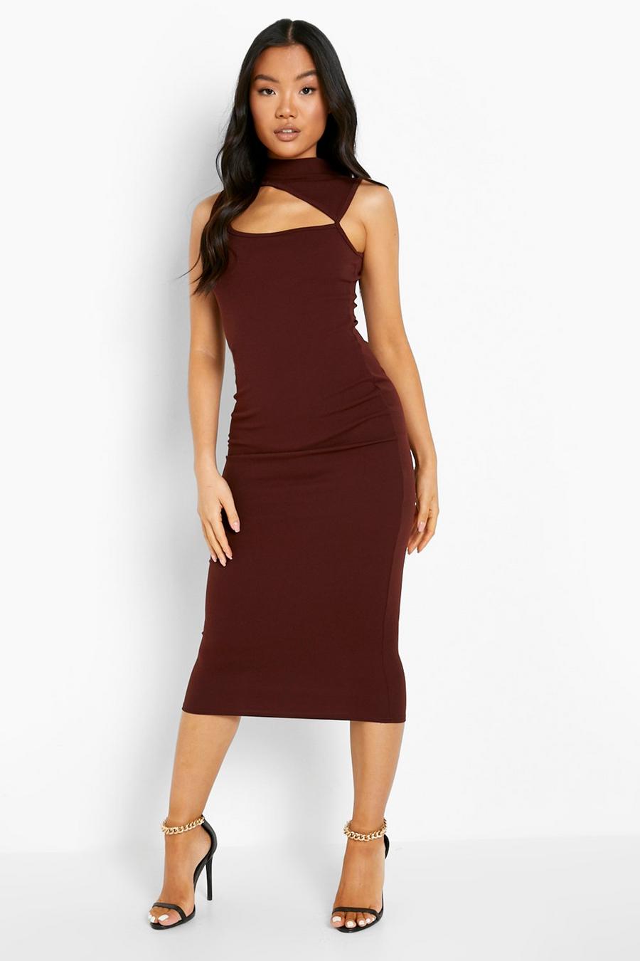 Chocolate Petite High Neck Cut Out Bodycon Midaxi Dress image number 1