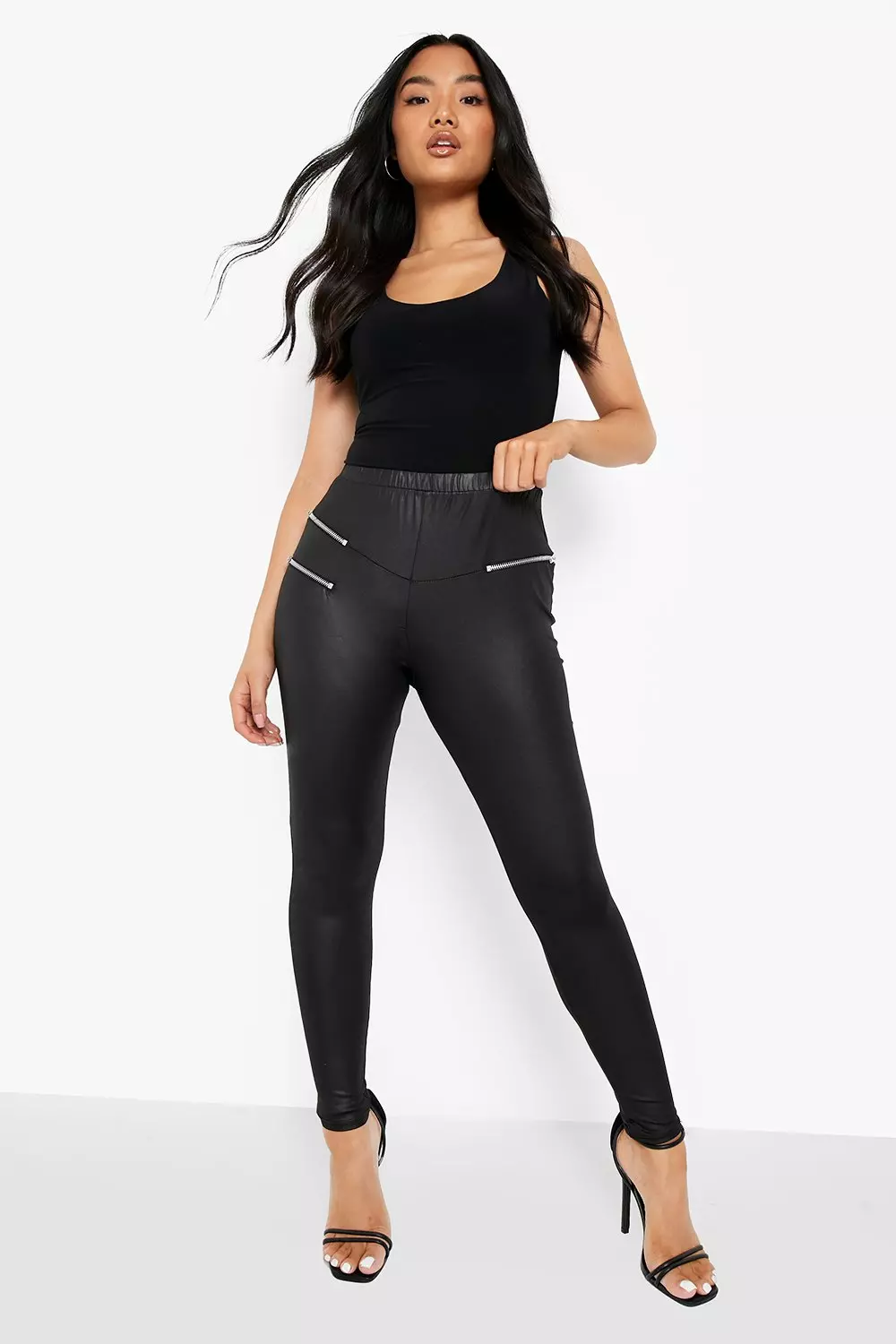 Petite Zip Up Wet Look Leggings