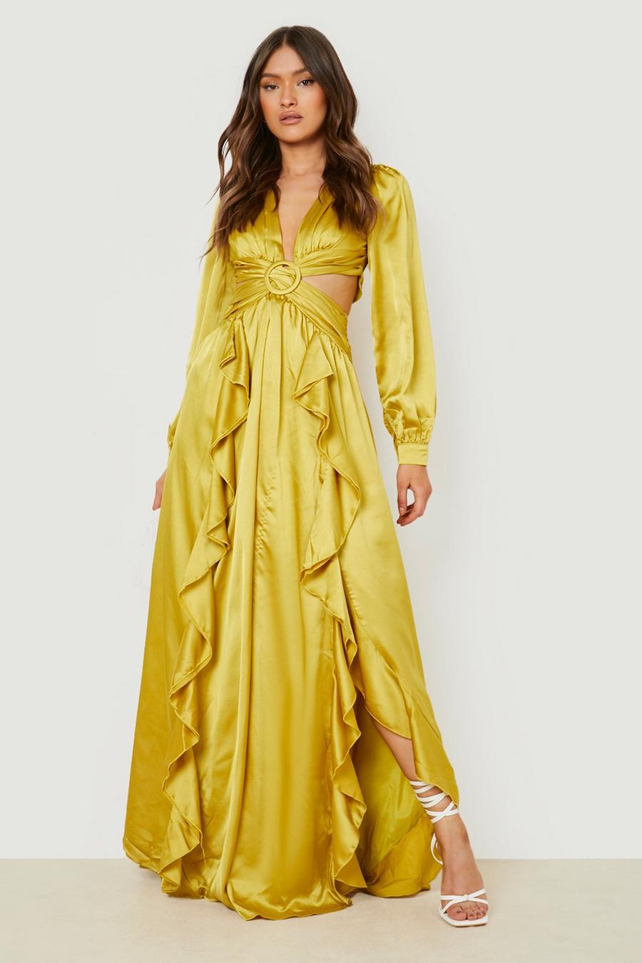 Chartreuse gul Satin Ruffle Plunge Maxi Dress