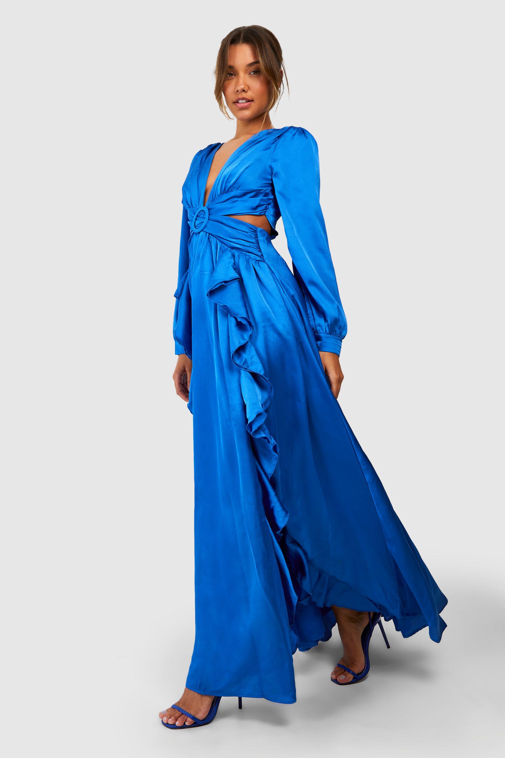 Satin Ruffle Plunge Maxi Dress boohoo