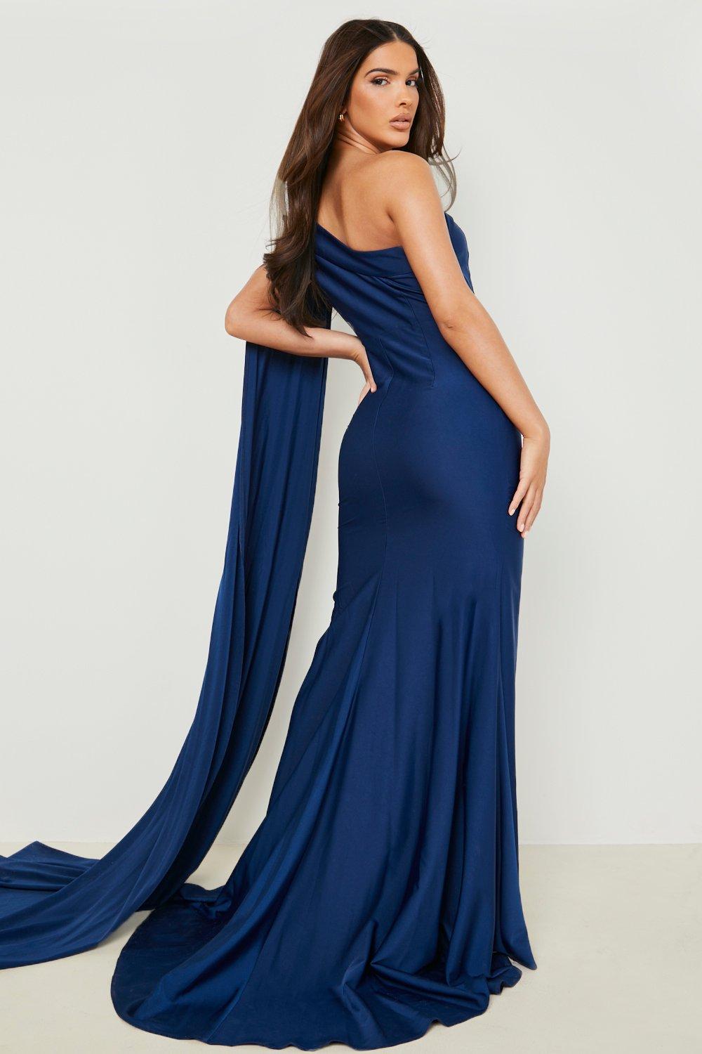 Satin Asymmetric Drape Fishtail Maxi Dress boohoo NZ