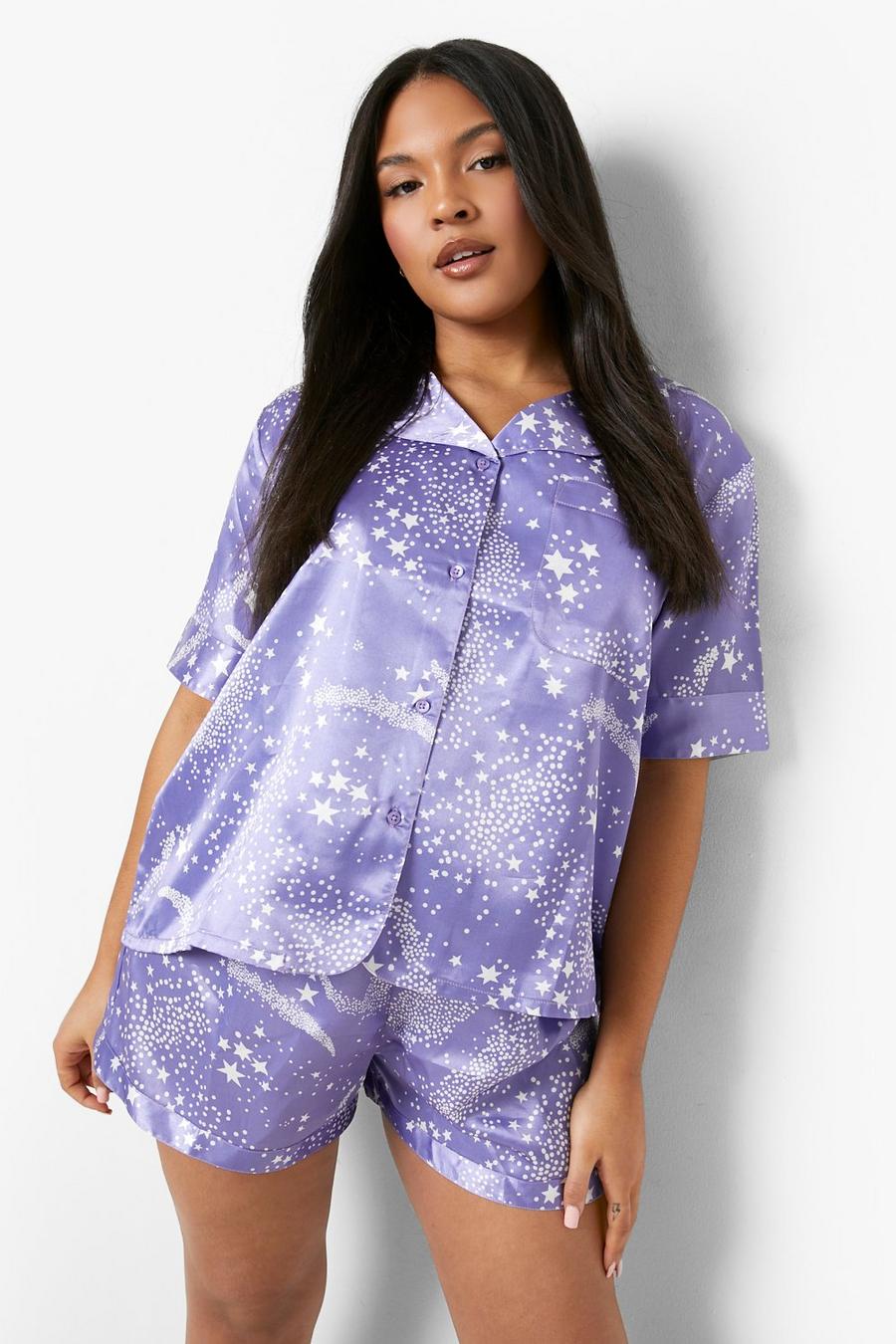 Purple סט פיג'מה חולצה ושורט עם הדפס כוכבים, מידות גדולות image number 1