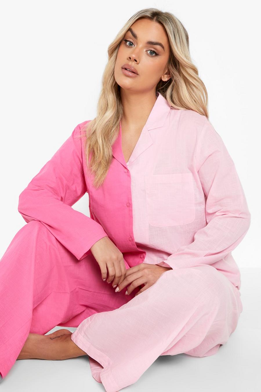Pink Plus Colour Block Splice Shirt & Trousers Pyjama Set image number 1