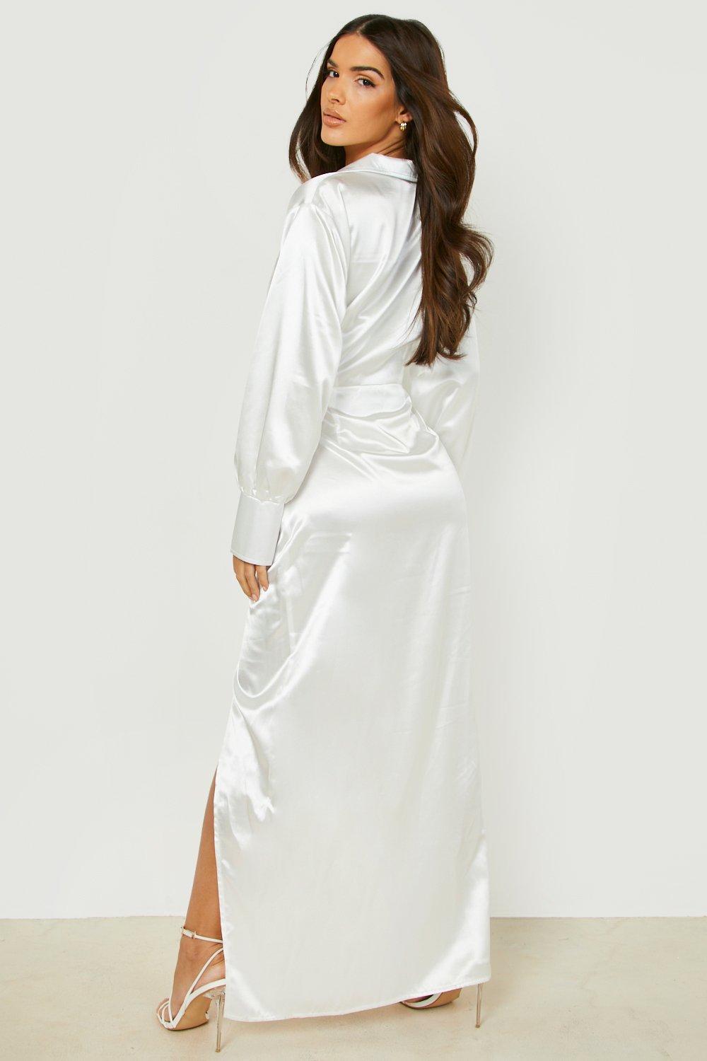 Long satin shirt store dress