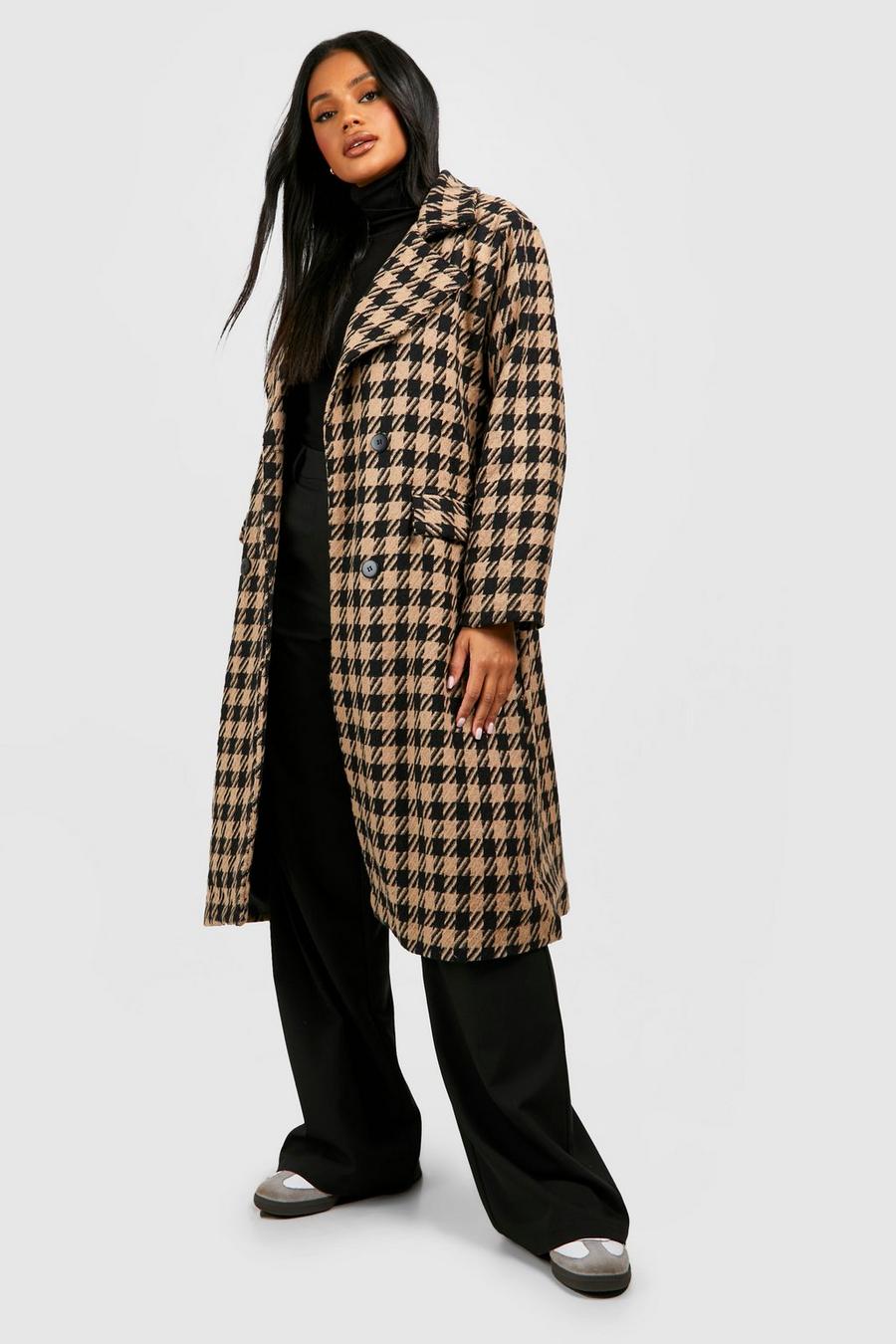 Camel beige Dogtooth Structured Wool Coat