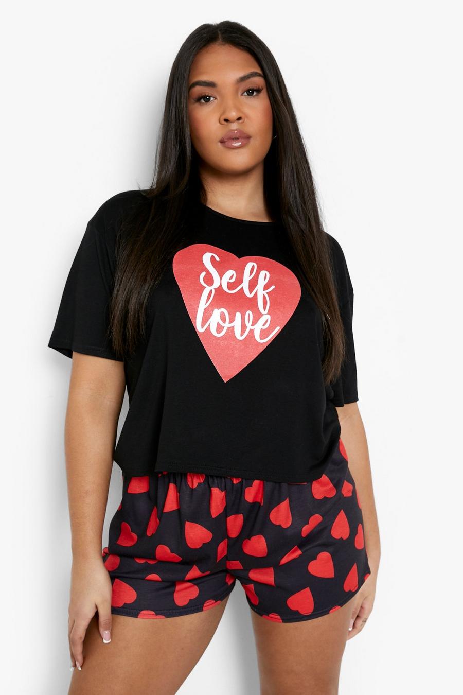 Set pigiama corto Plus Size con scritta Self Love e cuore, Black image number 1