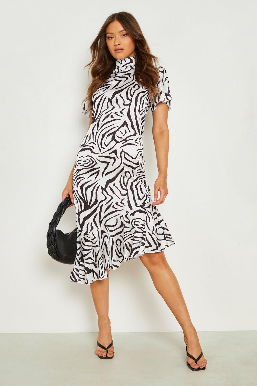 Black Zebra Satin Ruffle Asymmetric Midi Dress image number 1
