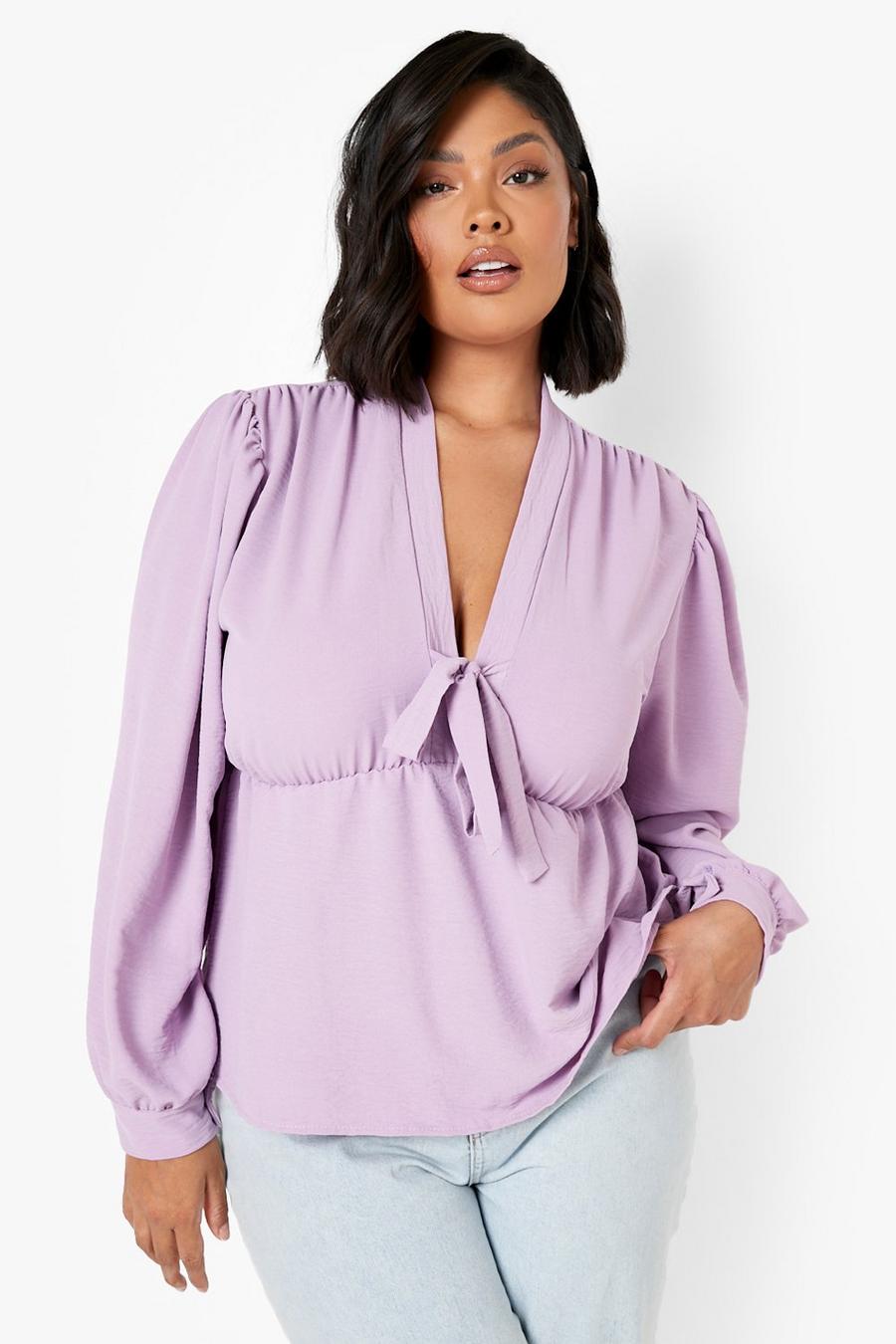 Lilac Plus Hammered Tie Front Peplum Blouse image number 1