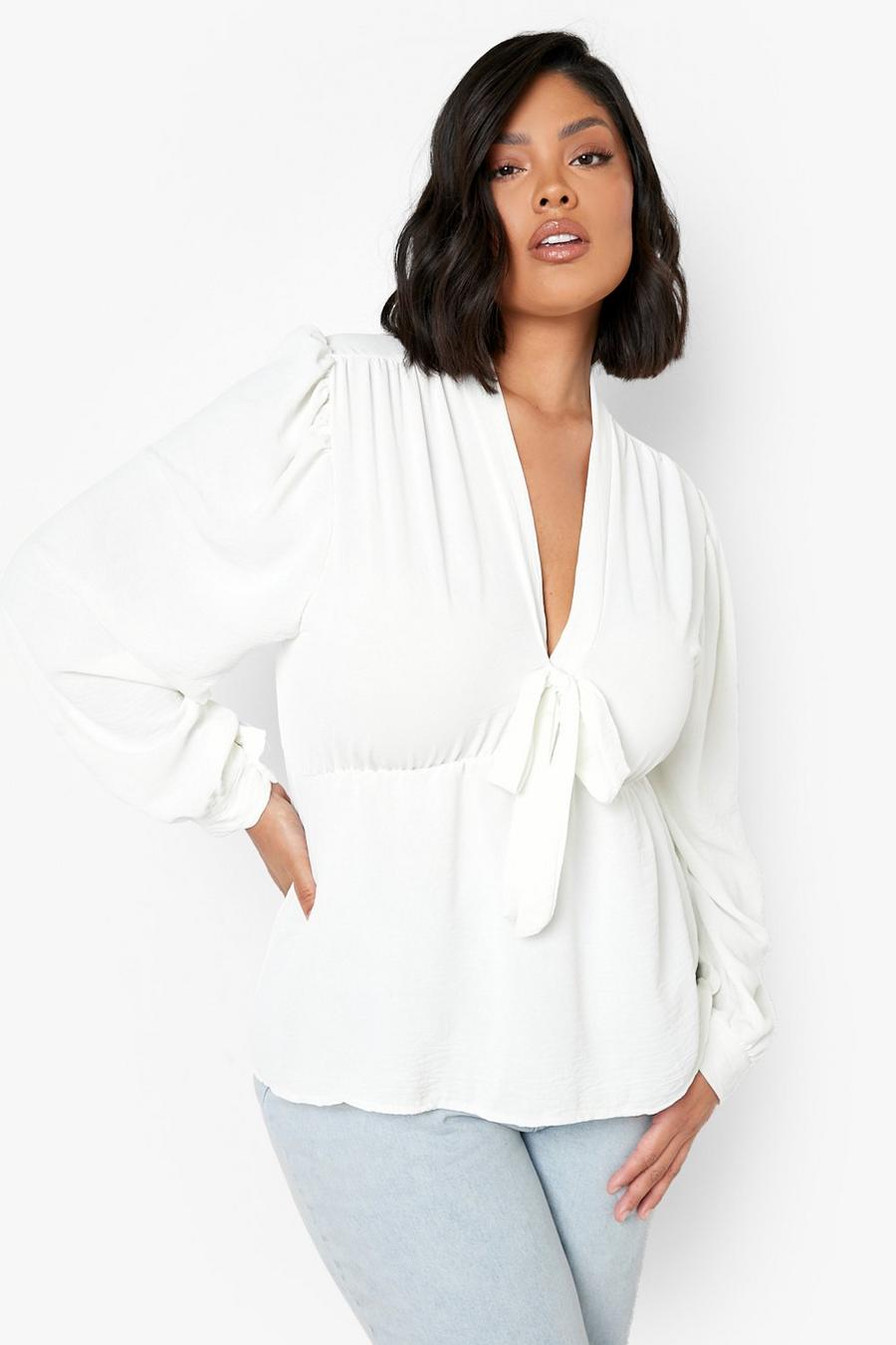 White Plus Hammered Tie Front Peplum Blouse