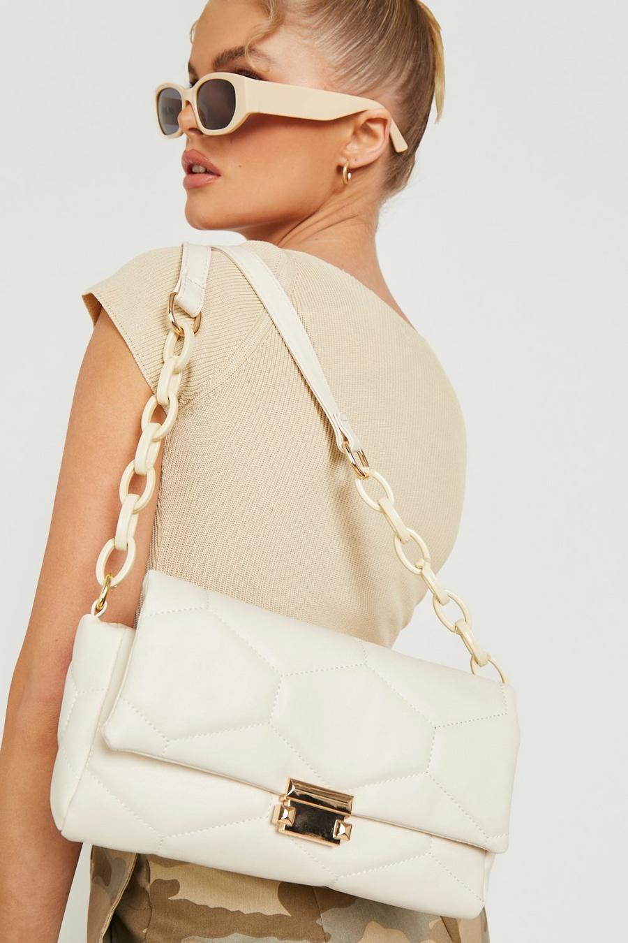 Cream Quilted Plastic Chain Cross Body Bag image number 1