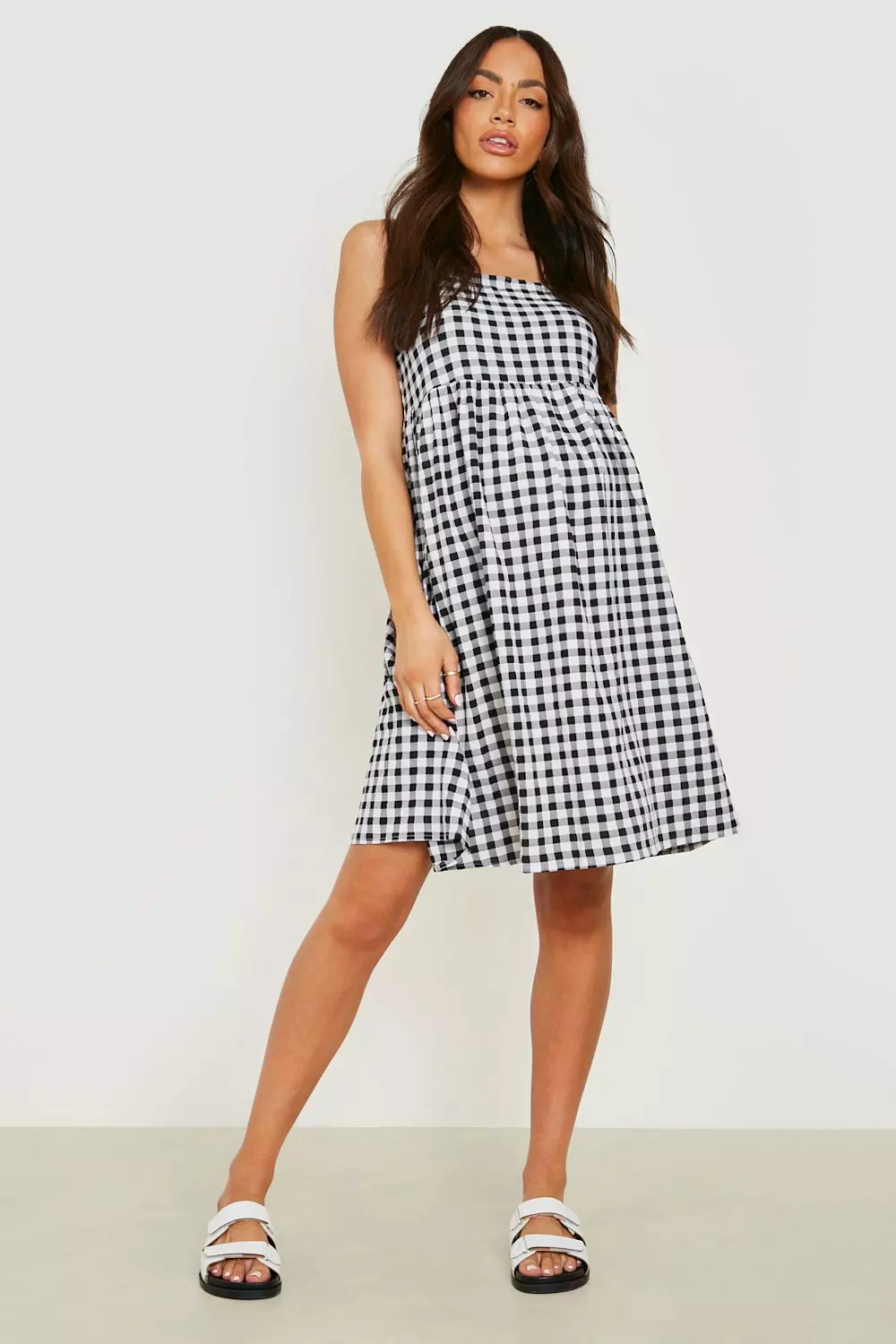 Maternity Gingham Strappy Babydoll Dress