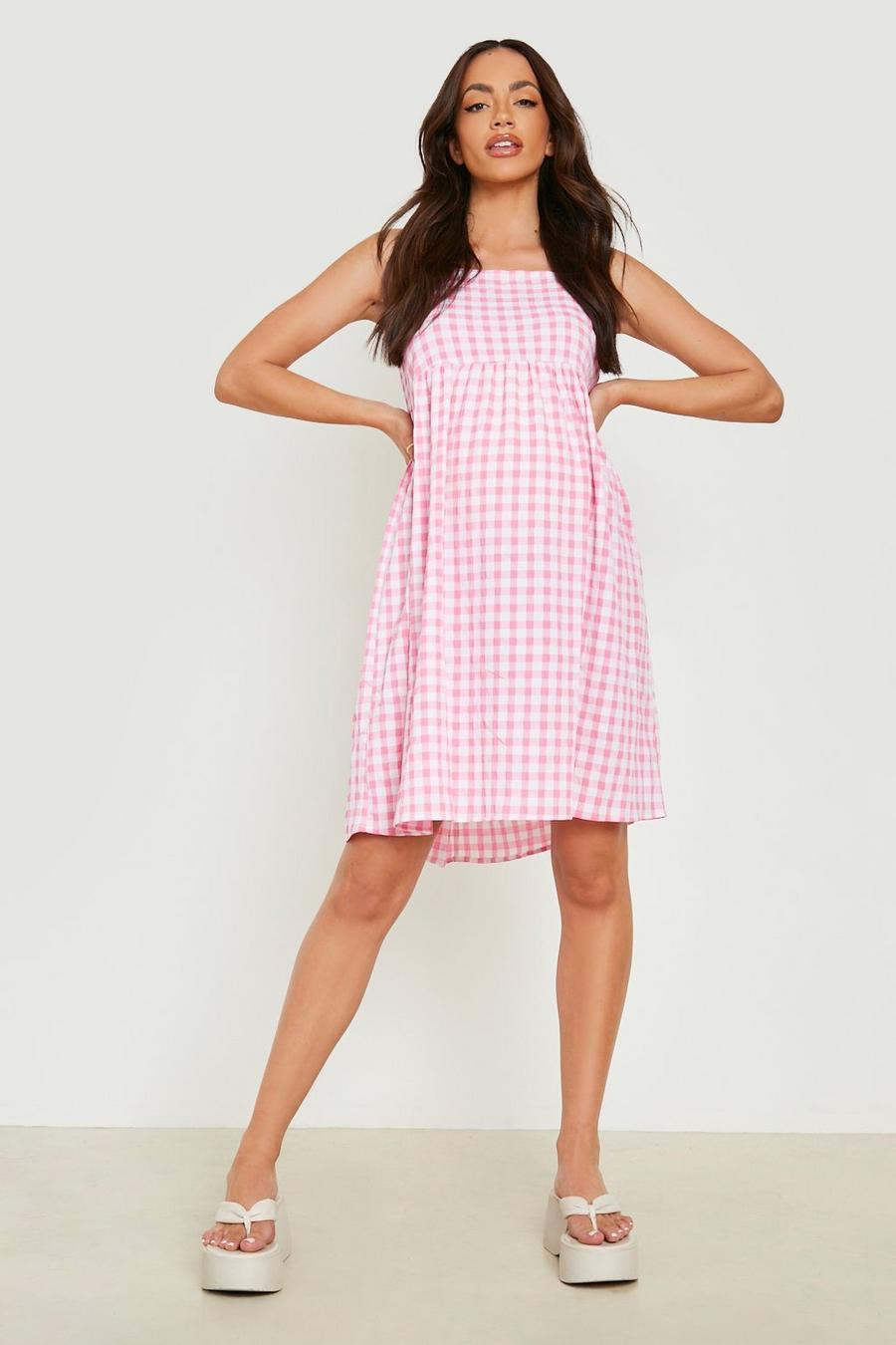 Pink Maternity Gingham Strappy Babydoll Dress image number 1