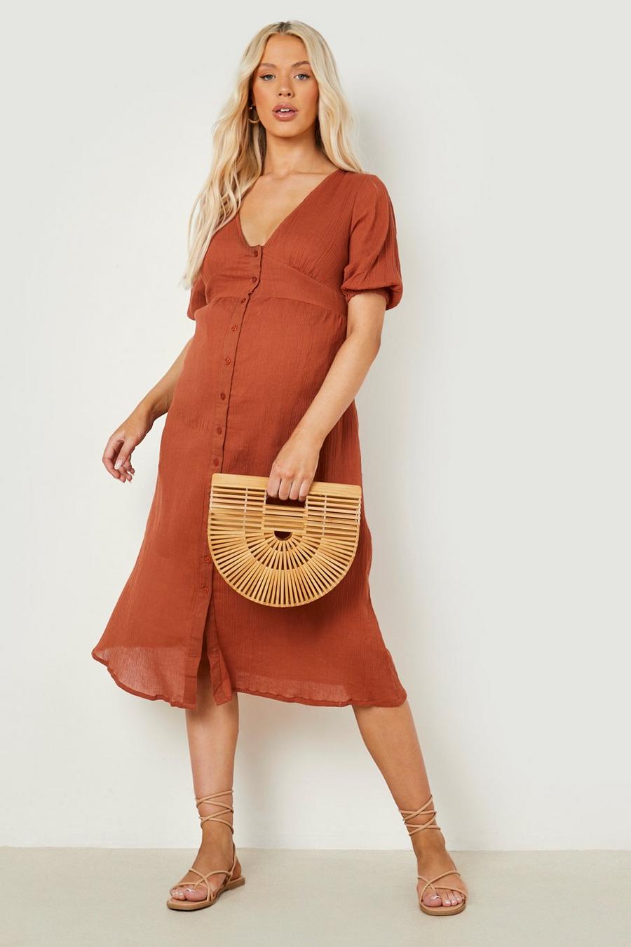 Rust Maternity Cheesecloth Button Midi Dress image number 1