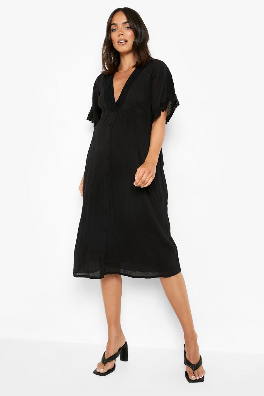 Maternité - Robe mi-longue boutonnée en crochet, Black