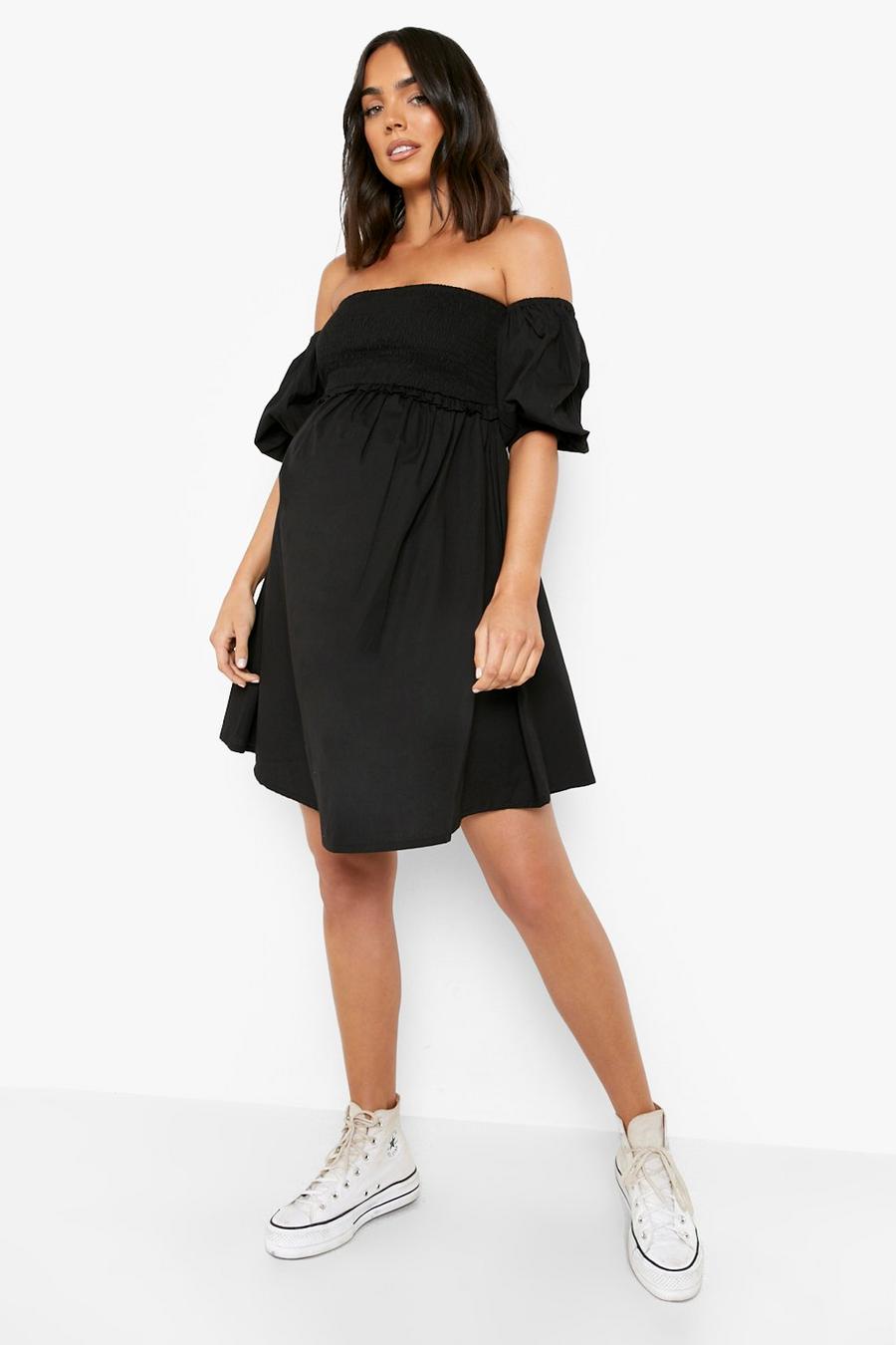 Black Maternity Cotton Bardot Shirred Mini Dress image number 1