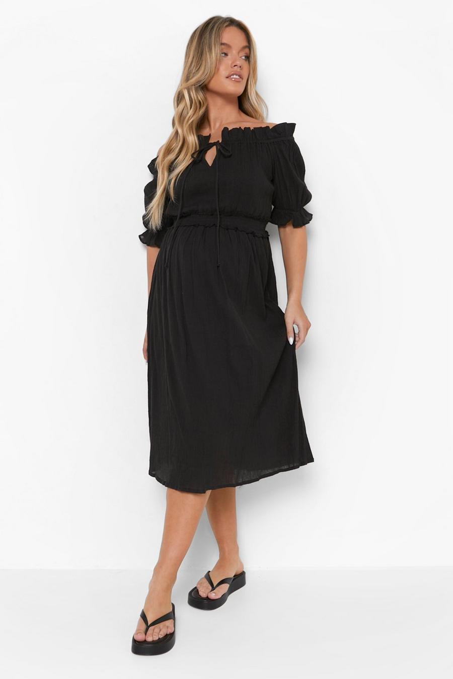 Black Maternity Bardot Shirred Waist Midi Dress image number 1