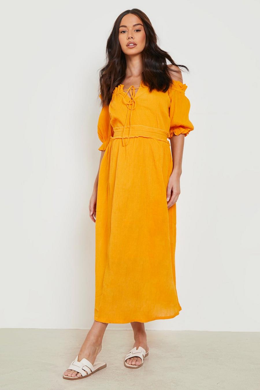 Saffron yellow Maternity Bardot Shirred Waist Midi Dress image number 1