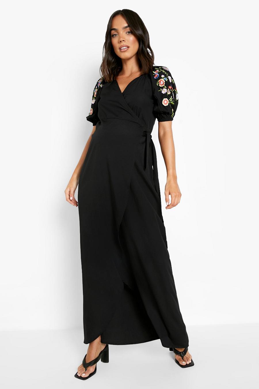 Black Maternity Floral Embroidered Wrap Maxi Dress image number 1