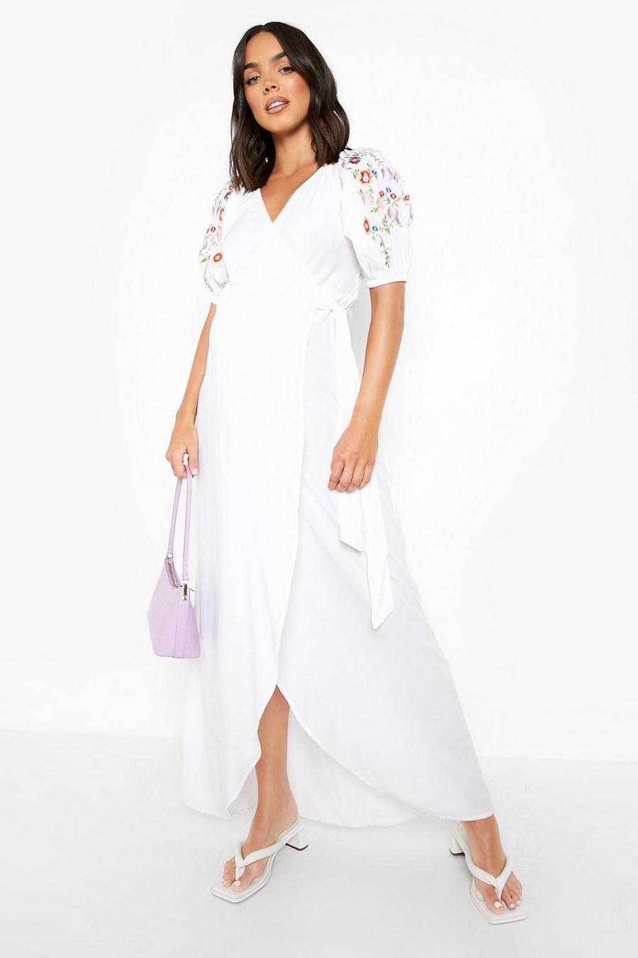 White Maternity Floral Embroidered Wrap Maxi Dress image number 1