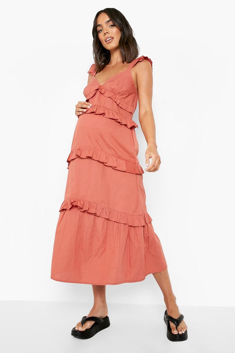 Rust Maternity Frill Tie Midaxi Dress image number 1