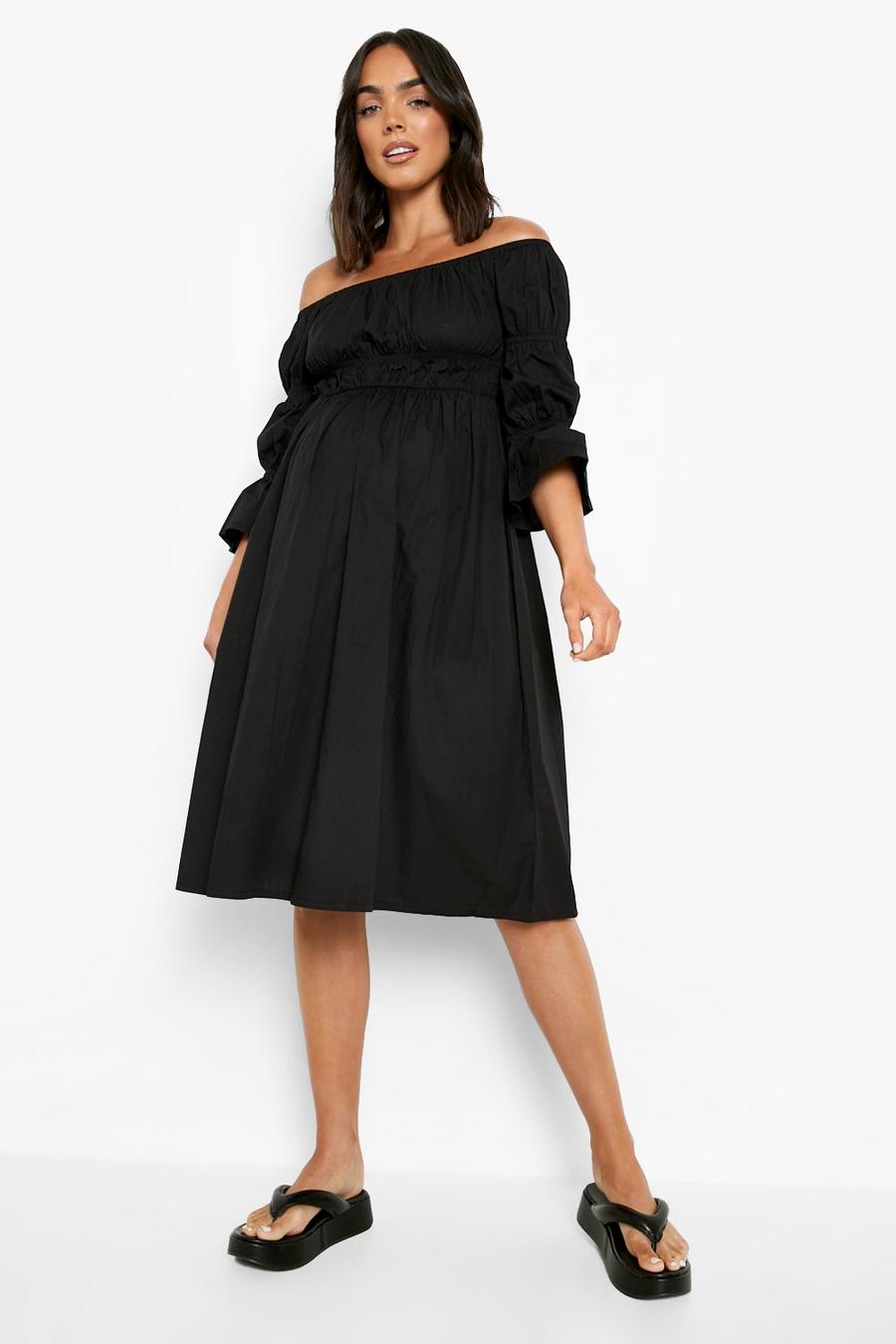 Black Maternity Bardot Cotton Midi Dress image number 1