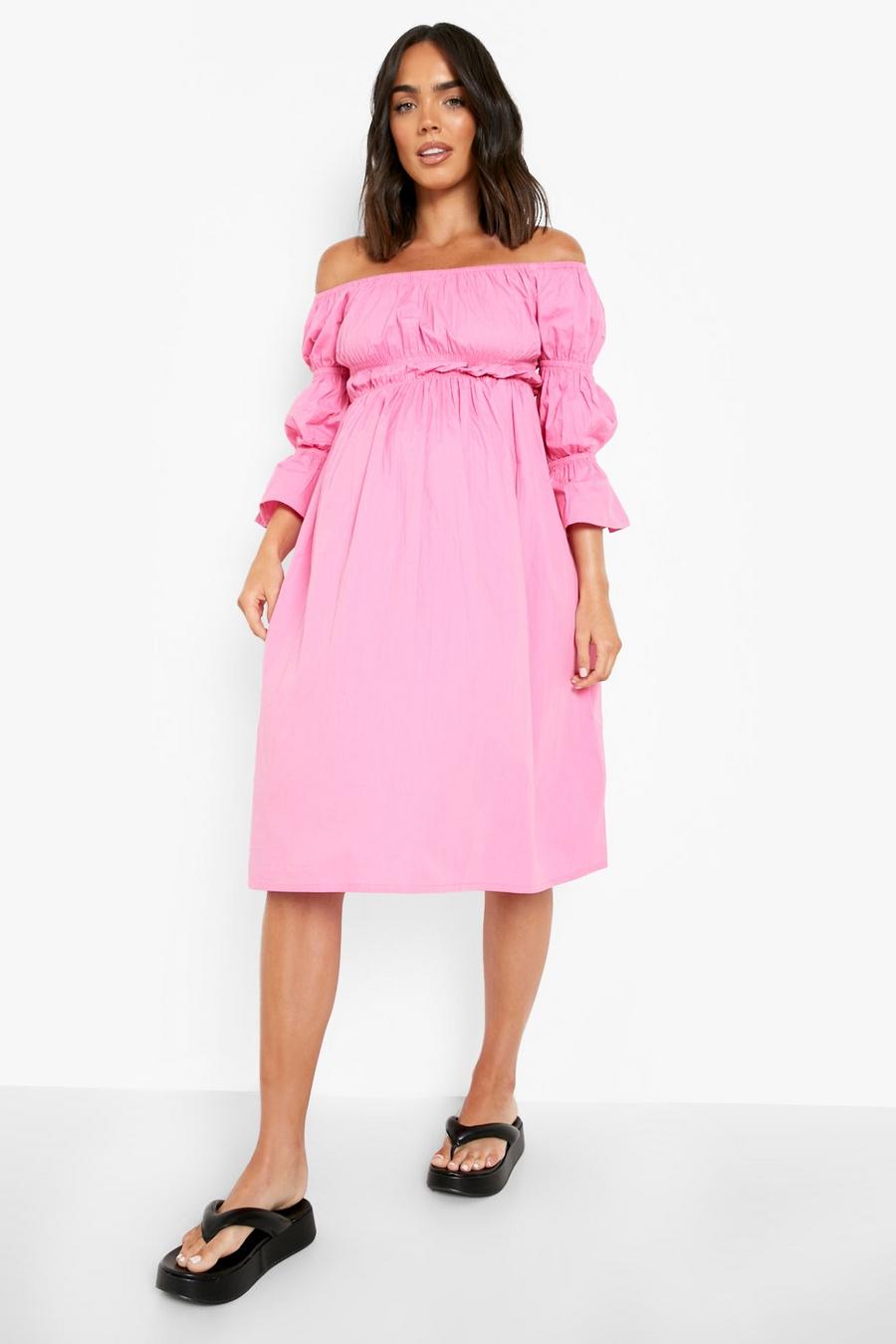 Pink Maternity Bardot Cotton Midi Dress image number 1
