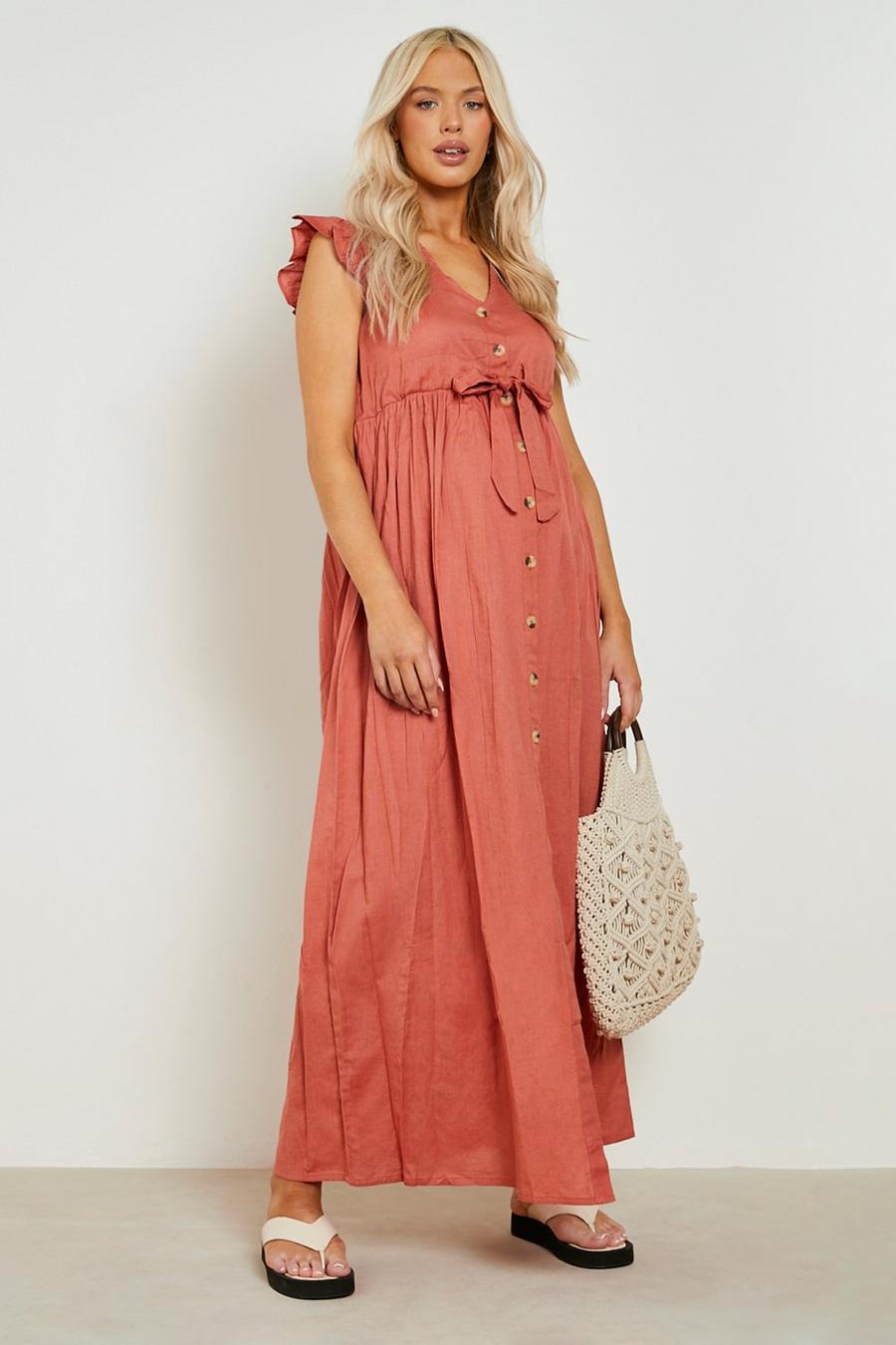 Terracotta Maternity Cotton Button Down Maxi Dress image number 1