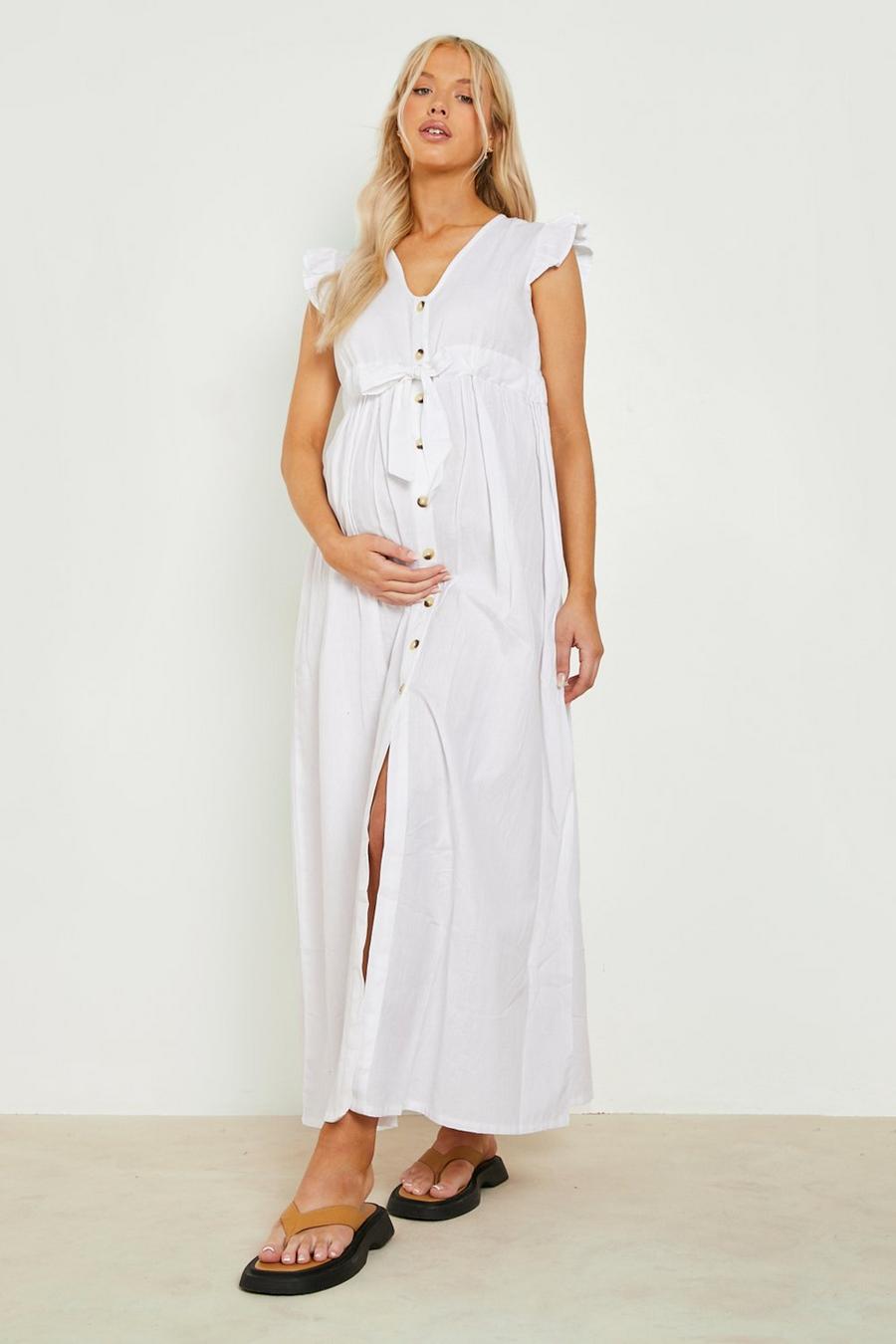 White Maternity Cotton Button Down Maxi Dress