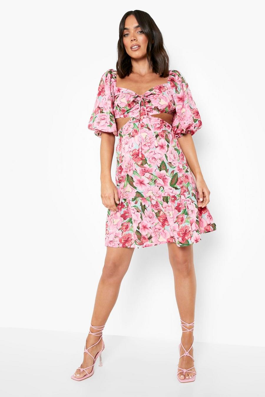 Pink Maternity Floral Puff Sleeve Smock Dress image number 1