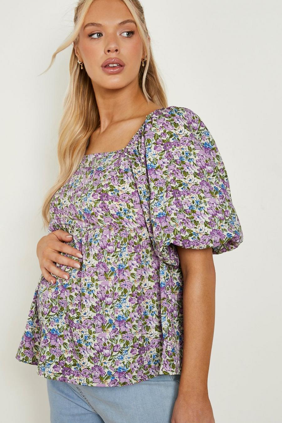 Purple Maternity Floral Puff Sleeve Smock Top image number 1