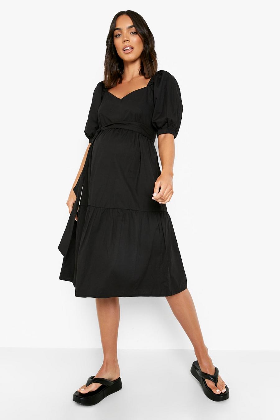 Black Maternity Puff Sleeve Midi Dress image number 1
