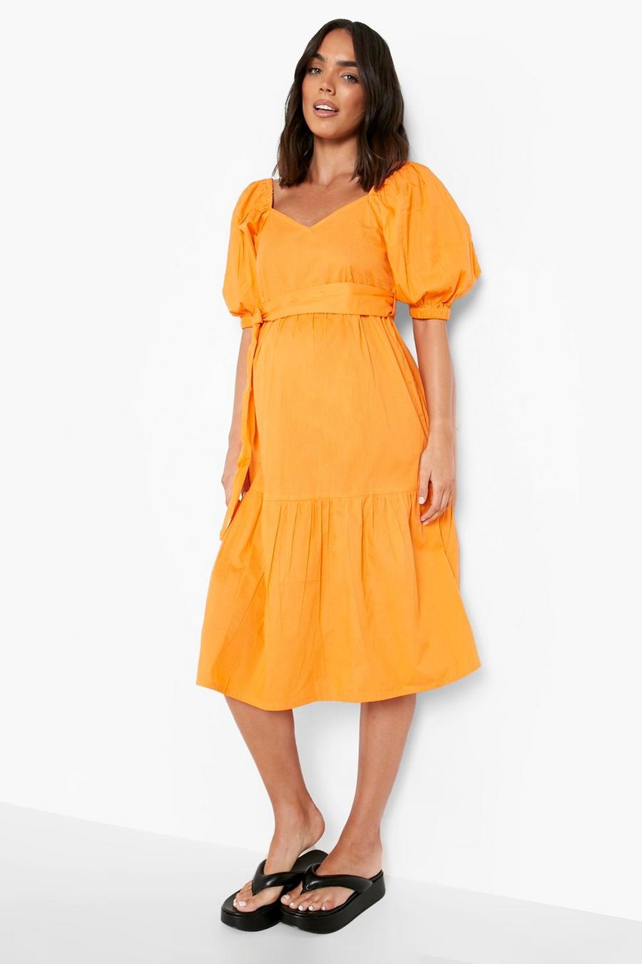 Peach orange Maternity Puff Sleeve Midi Dress