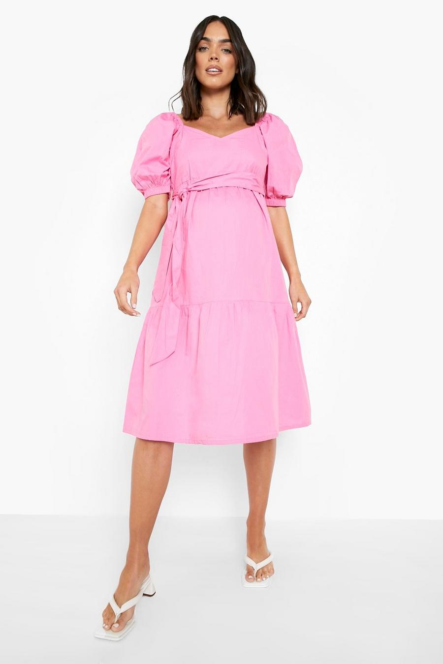 Pink Maternity Puff Sleeve Midi Dress
