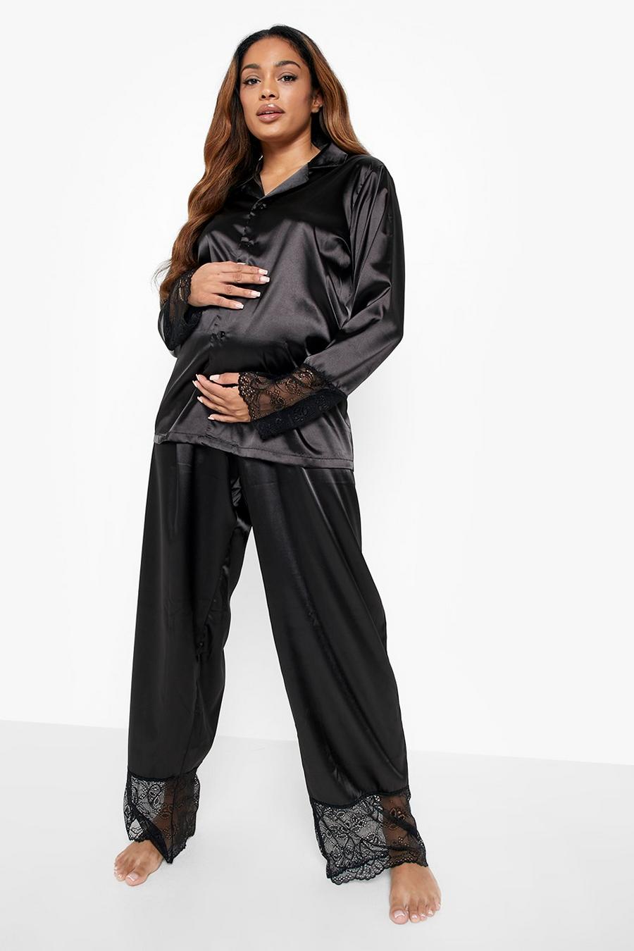 Umstandsmode Satin Pyjama-Set mit Knopfleiste und Spitzenborte, Black image number 1