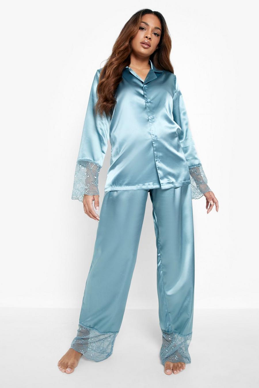 Umstandsmode Satin Pyjama-Set mit Knopfleiste und Spitzenborte, Sage image number 1