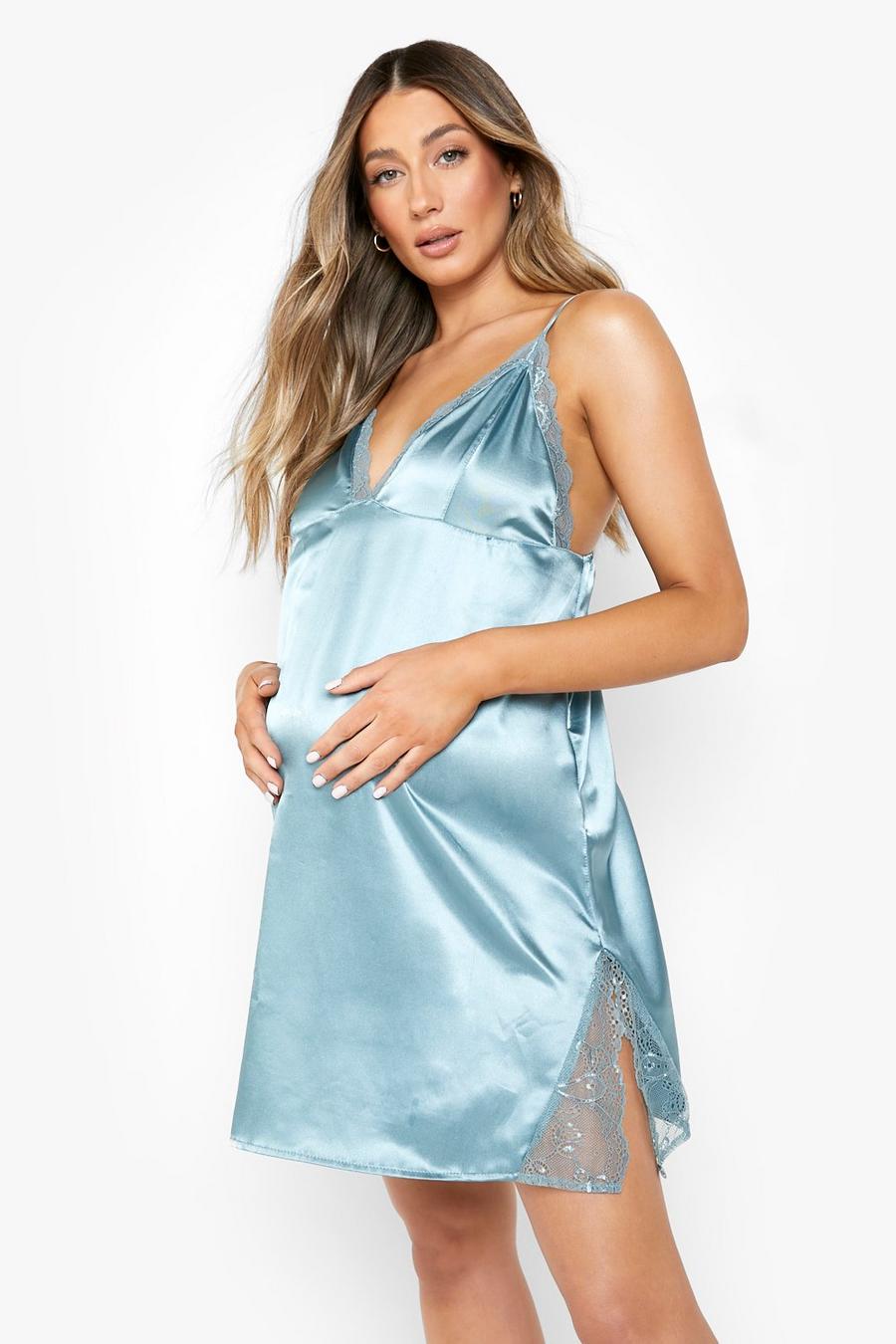 Sage Maternity Satin Lace Trim Babydoll Nightgown image number 1