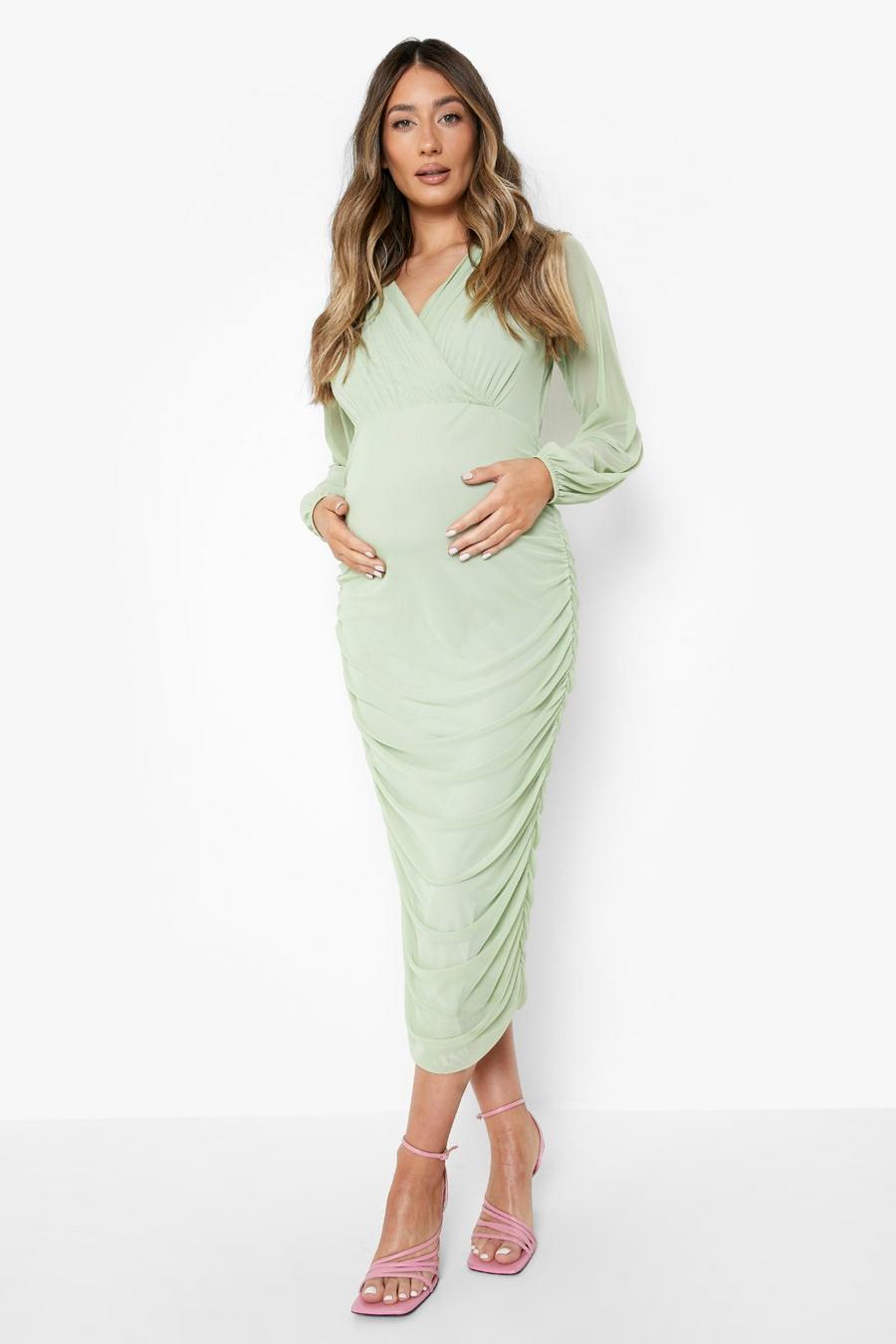 Sage green Maternity Mesh Wrap Midi Dress
