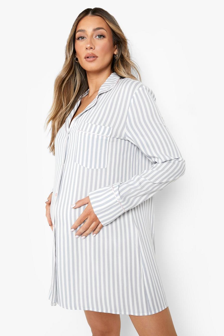 Blue Maternity Cotton Stripe Night Shirt image number 1