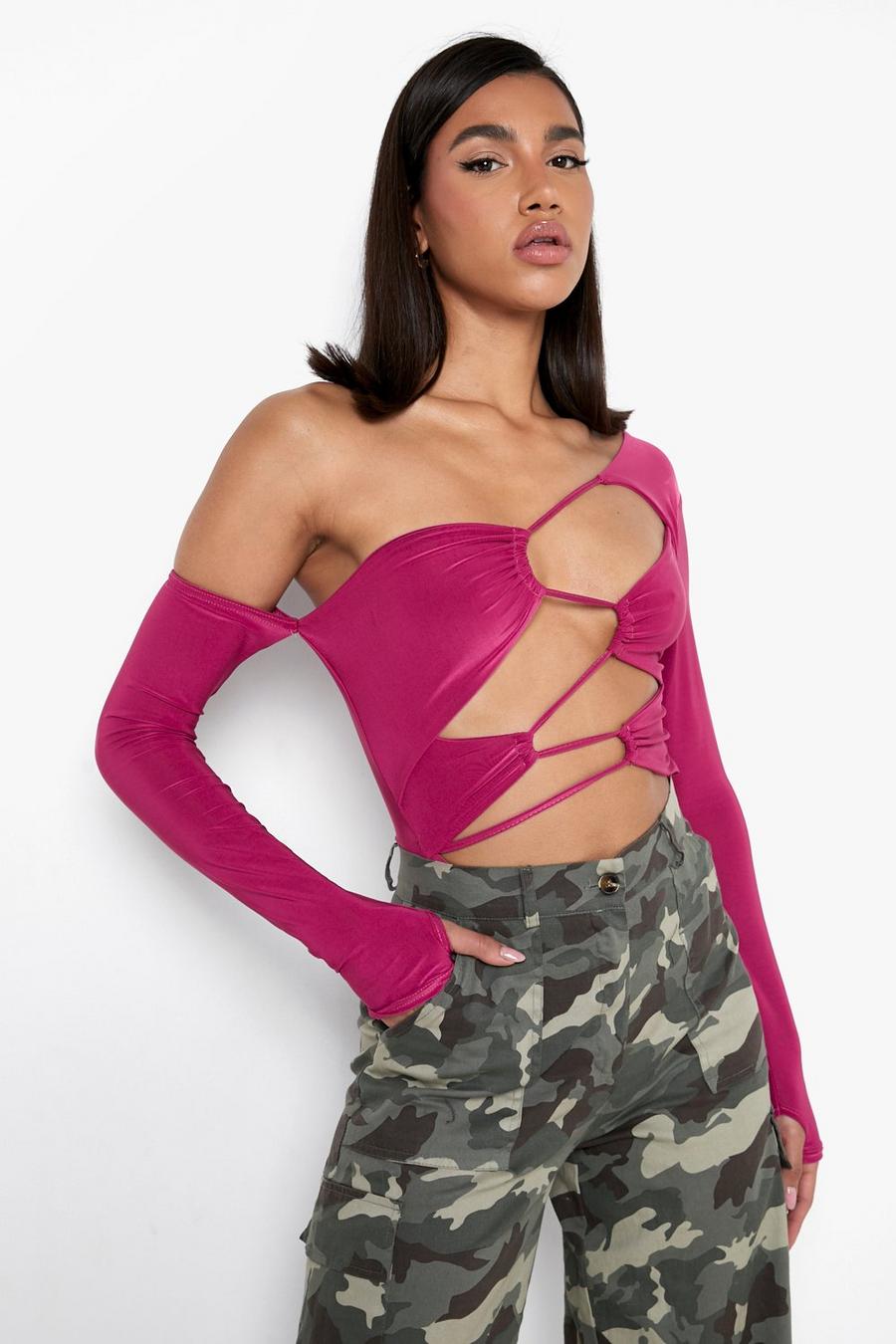 Magenta pink Asymmetrische Bodysuit Met Dubbele Lagen