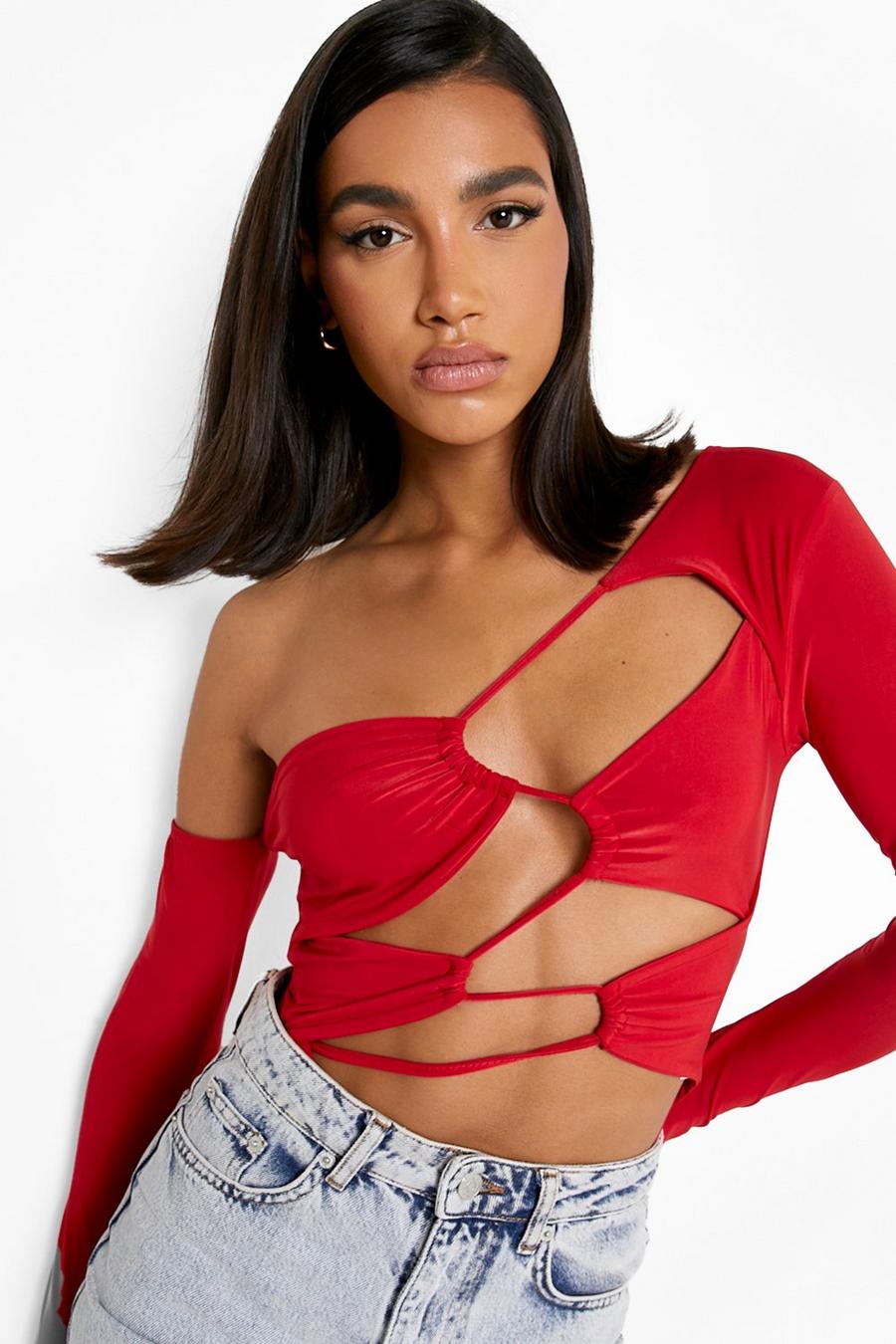 Red Double Layer Asymmetric Bodysuit image number 1