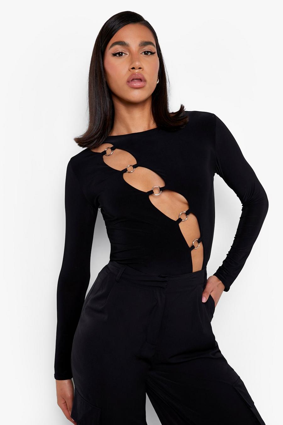 Black Double Layer Ring Detail Long Sleeve Top image number 1