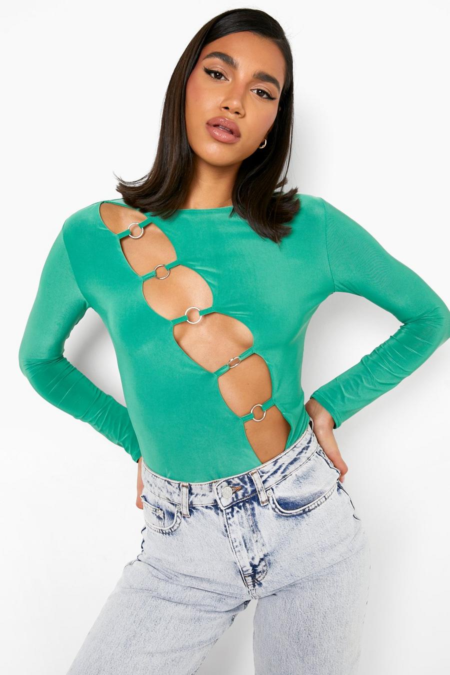 Bright green Double Layer Ring Detail Long Sleeve Top image number 1